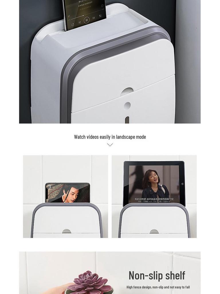 Wall-Mounted Bathroom Tissue and Phone Holder with Storage for Sanitary Supplies