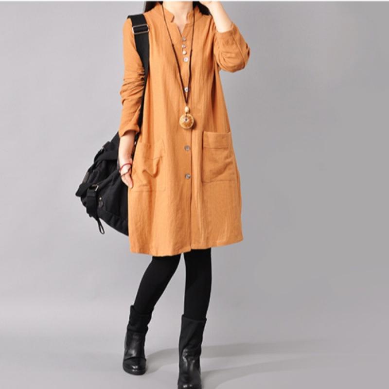 2025 Spring Korean Plus Size Women's Cotton Linen Shirt Dress with Half-Open Collar and Long Sleeves