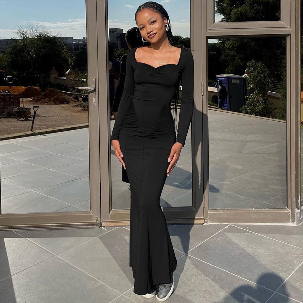 GMXIA Dámská móda, jaro, podzim, jednobarevný tisk, dlouhý rukáv, čtvercový límec, ležérní šaty