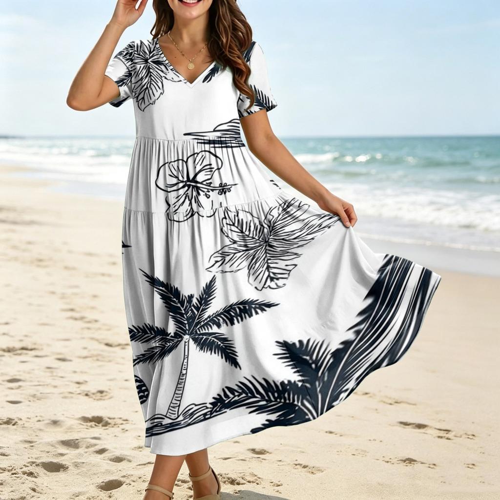 Frauen Casual Lose Bohemian Blumenkleid Kurzarm Lange Maxi Sommer Strand Swing Kleid
