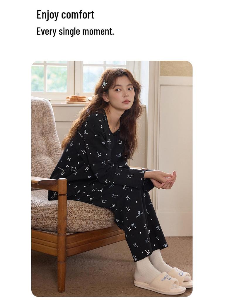 Women's Long Sleeve Cotton Kimono Pajamas with Chest Pads - Cute Cartoon V-Neck Set for Spring and Autumn