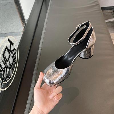 Sapatos Mary Jane de pele de carneiro femininos 2024 - bico redondo prateado com salto grosso