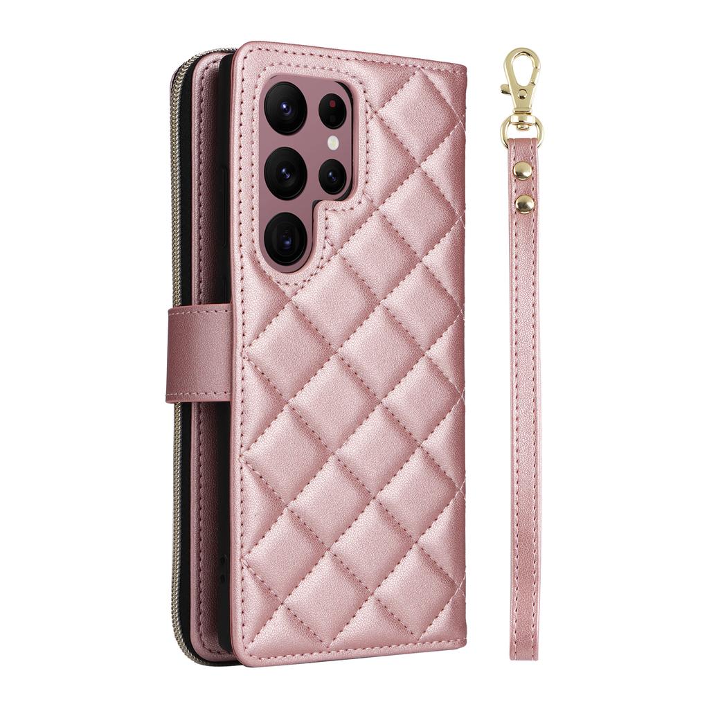 For Samsung Galaxy S22 Ultra 5G Case Rhombus Grid Leather Phone Cover with Zipper Pocket