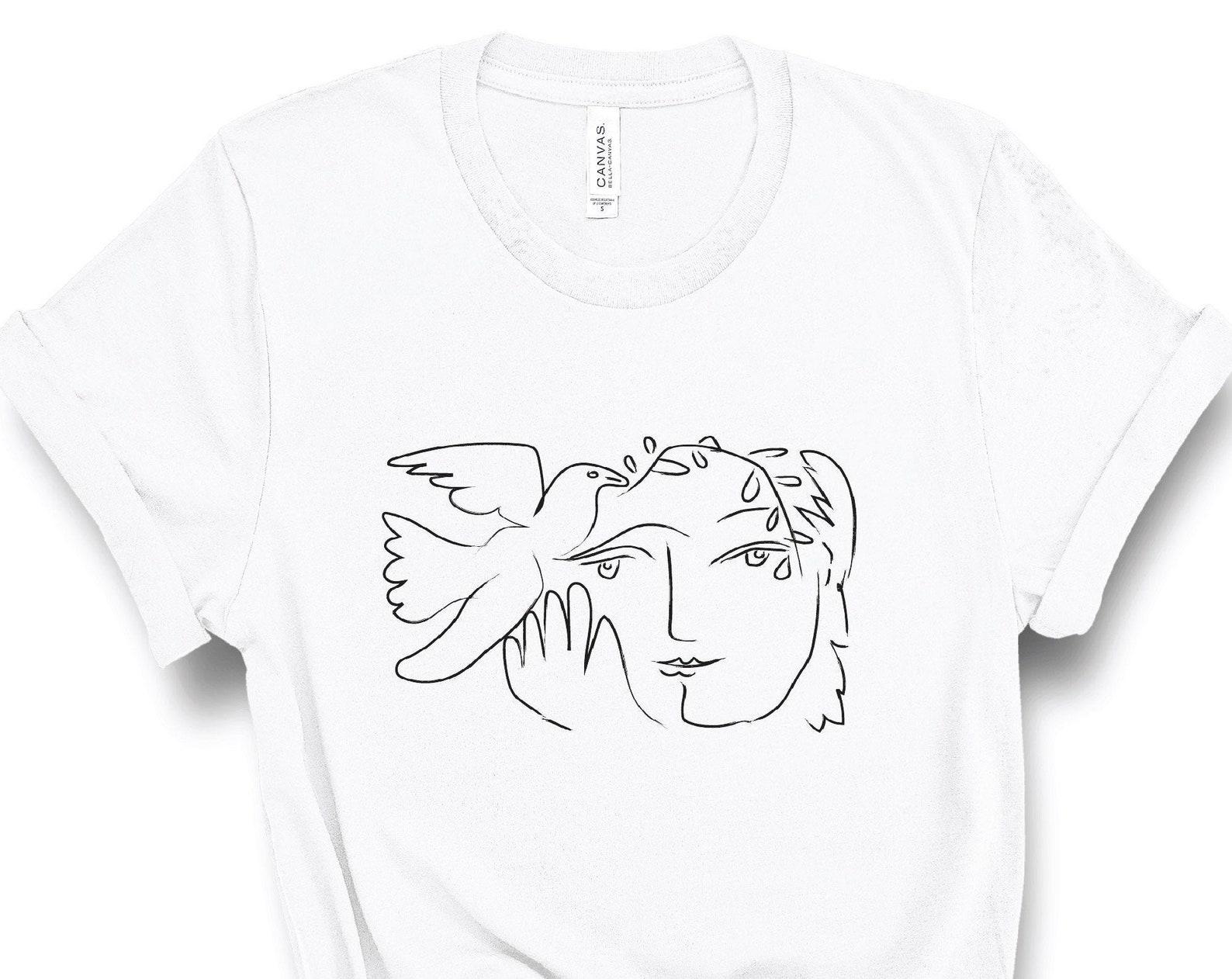 Picasso Dove and Woman Shirt, Line Drawing T-SHIRT, One Line Wall Art, Continuous Line, Sketch, Minimalist, Modern Art, Tumblr, Aesthetic XL