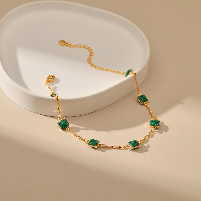 Copper Plated 18K Gold Korean Green Zircon Accessory Design Slender Chain Women's Fashion Anklet Elegant Temperament KTJ