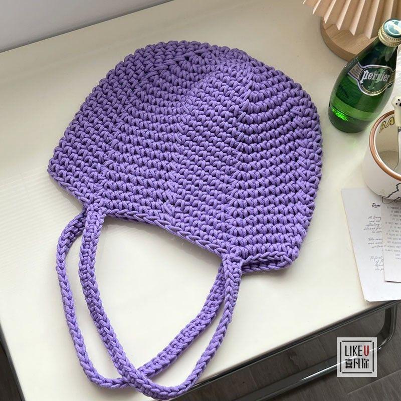 

Original Knitting Shoulder Bag Casual Pure Color Bucket Cotton String Purple