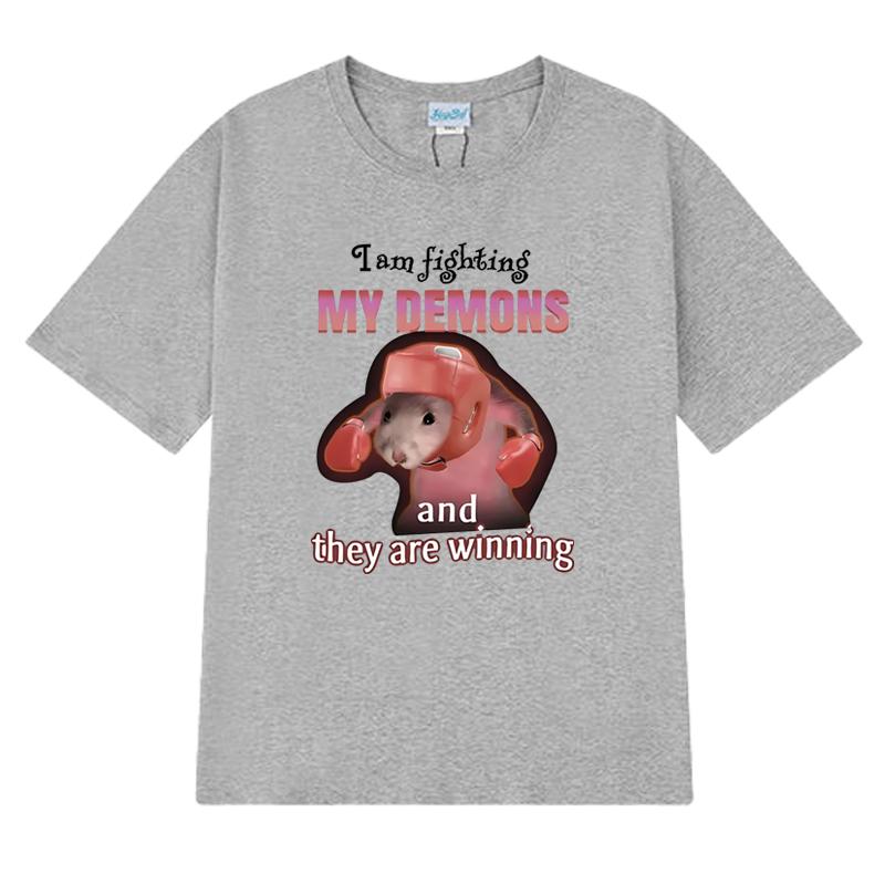 2025 Funny I Am Fighting My Demons and The Are Winning Rat Meme T shirt Unisex Casual short sleeve T-shirts Men Women Cotton Top