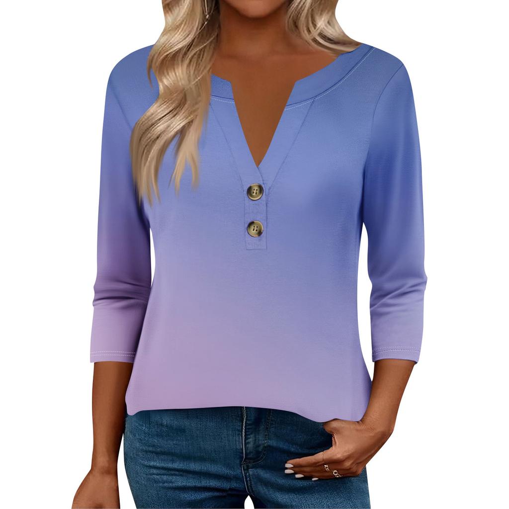 3/4 Sleeve Womens Tops For Women Henely Tops Button V Neck  Loose Fit Dressy Womens Summer Tops