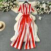 Women Jumpsuits Fashion V Neck Lace Up Loose Wide Legs Pants  New Design OL Color Block Stripe Bodysuits