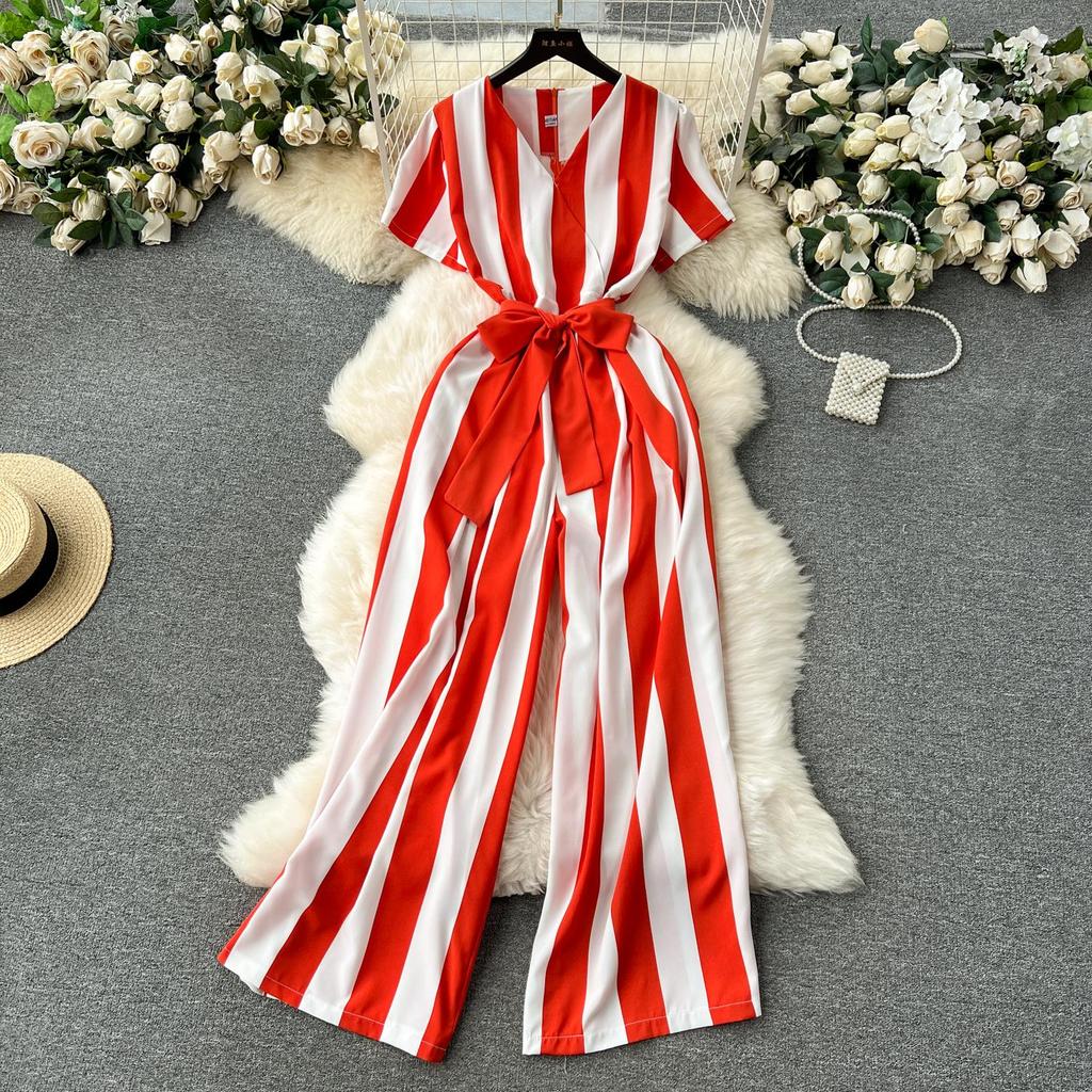 Women Jumpsuits Fashion V Neck Lace Up Loose Wide Legs Pants  New Design OL Color Block Stripe Bodysuits