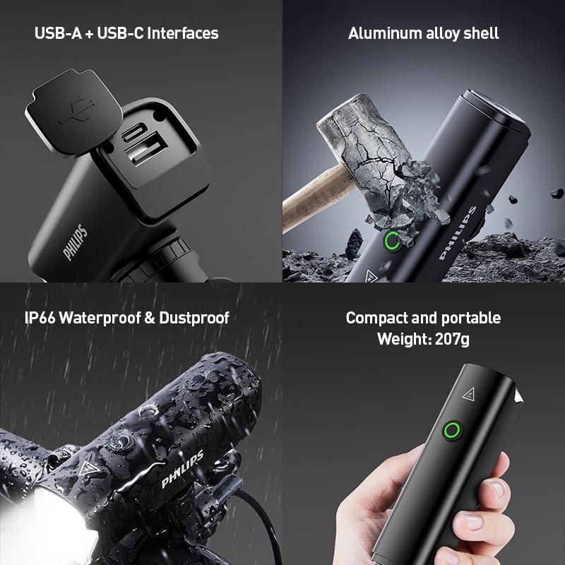 Philips SFL2506 Bike Light Durable Aluminum Alloy Body – Corrosion-resistant and Impact-proof