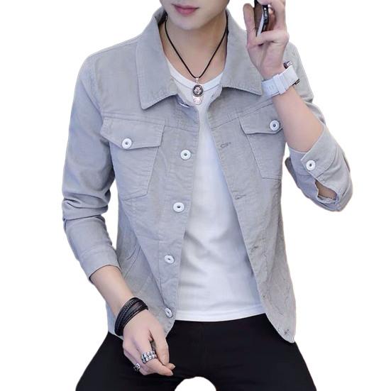 

Мужская джинсовая куртка на весну и осень, однотонная повседневная куртка с отложным воротником и длинным рукавом, верхняя одежда 3XL светло-серый