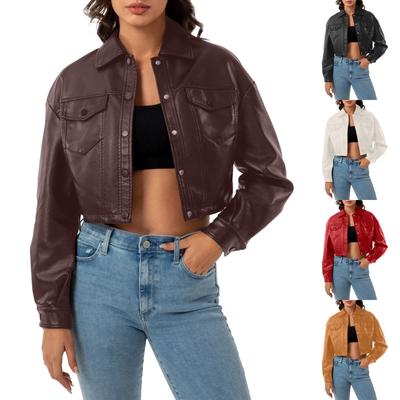 Veste en cuir décontractée pour femme, couleur unie, manches longues, simple boutonnage, veste courte, manteau à revers