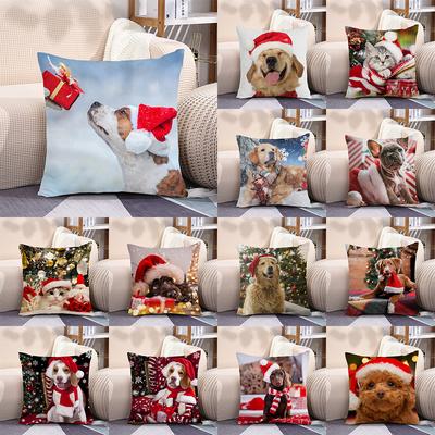 Christmas New Year Christmas Cute Dog Print Cushion Cover Home Living Room Sofa Decoration Pillow Cover 45x45cm