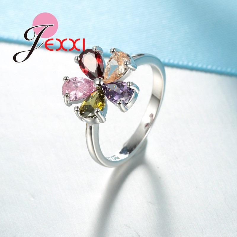 925 Silver Women's Floral Ring with Colorful Crystal for Wedding and Party