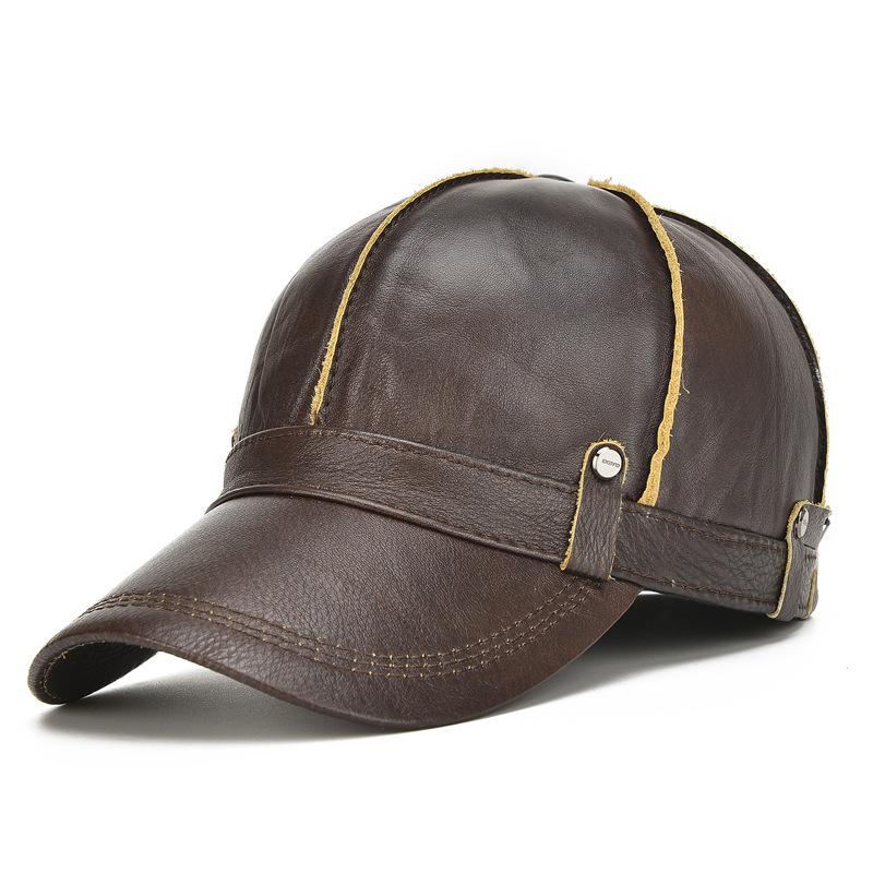 Men's Genuine Leather Baseball Caps Cowhide Snapback Hats Keep Warm Leather Cap Adjustable Size