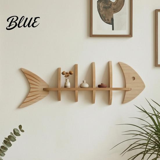 Small Apartment Space Saving Shelf Fish Bone Storage Rack Wood Wall Mounted Floating Shelf Ocean Style Entryway Decorative Art Display for