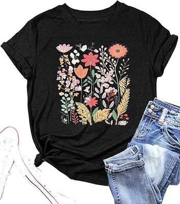New T-Shirt Vintage Floral Shirts Women Boho Wildflowers T-Shirt Wildflower Grap