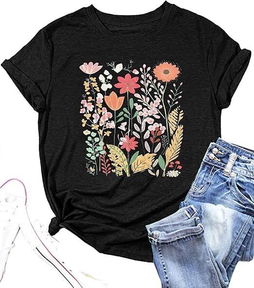 

New T-Shirt Vintage Floral Shirts Women Boho Wildflowers T-Shirt Wildflower Grap 4XL