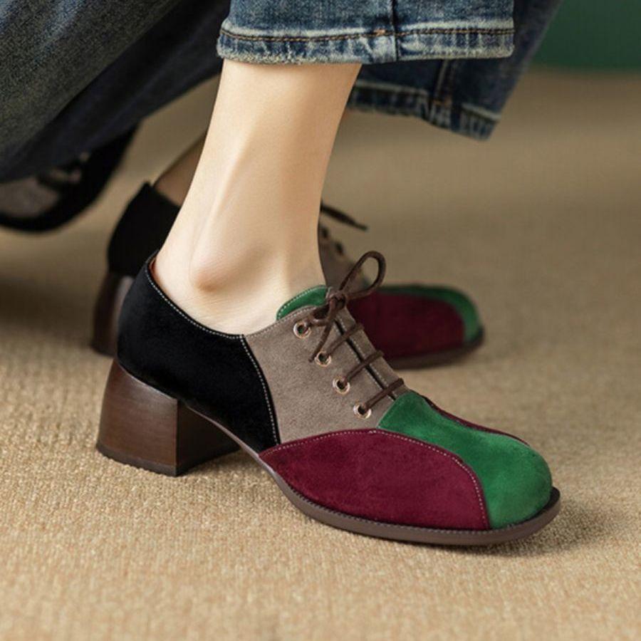 2025 nowe buty damskie głębokie wycięcie buty na średnim obcasie gruby obcas okrągły nosek kolorowe sznurowane modne krzyżowe paski damskie