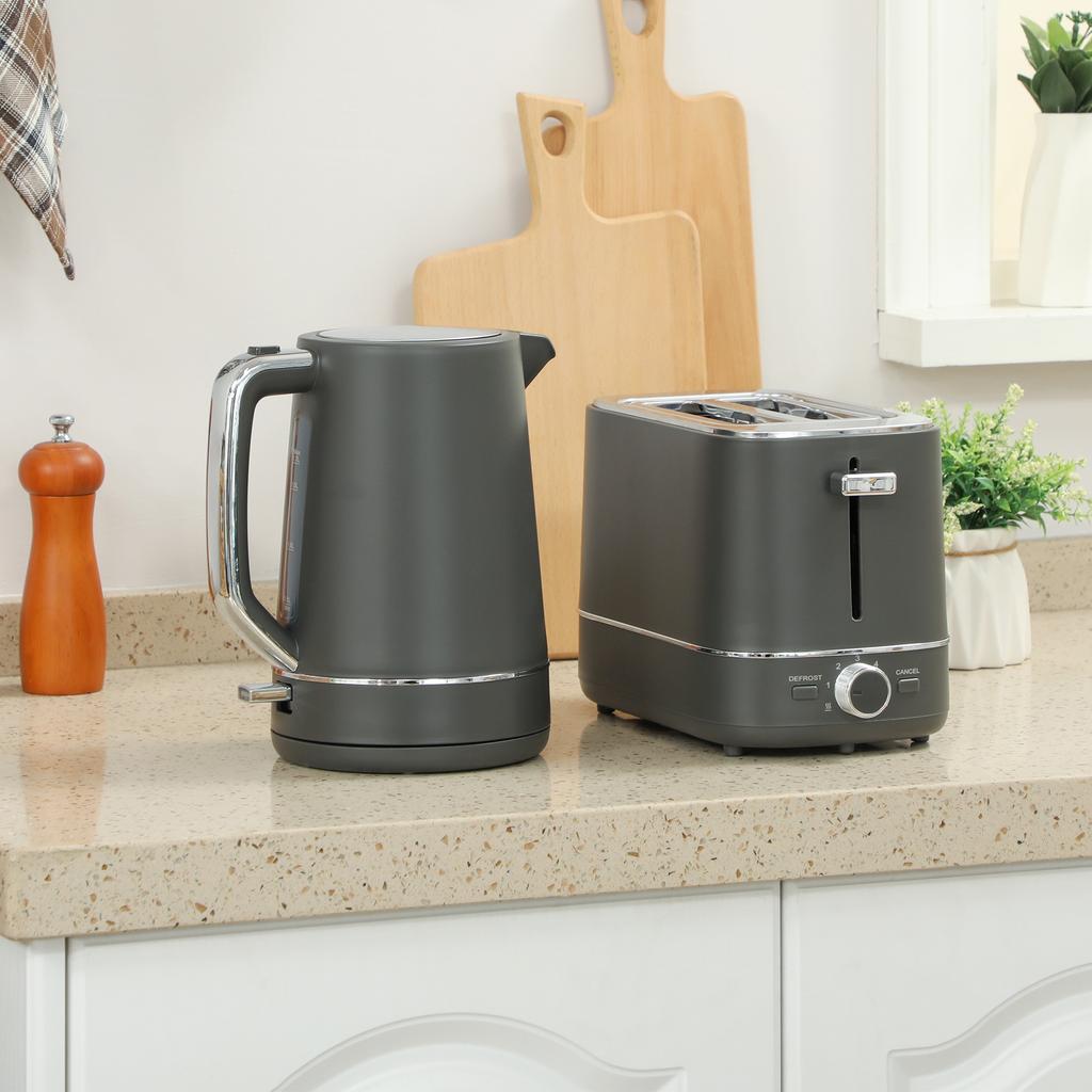 Kettle and Toaster Set, 1.7L 3000W Fast Boil Kettle & 2 Slice Toaster Kitchen Set with 6 Level Browning Controls, Defrost, Reheat, Grey