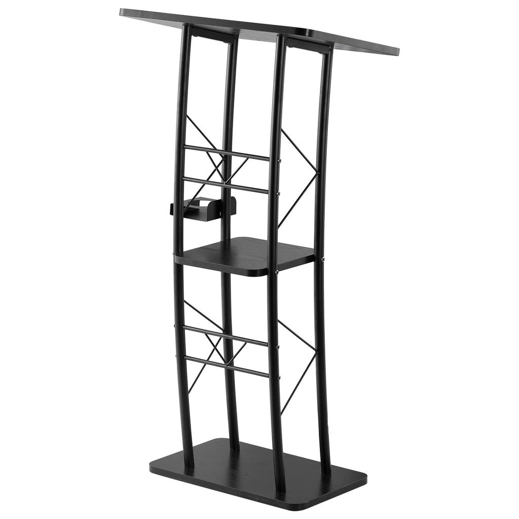 VEVOR Podium Stand, 1180 mm Metal Lectern, Curved Standing Podium with Wide Reading Surface, Open Storage Compartment, Book Stopper, Cup Holder