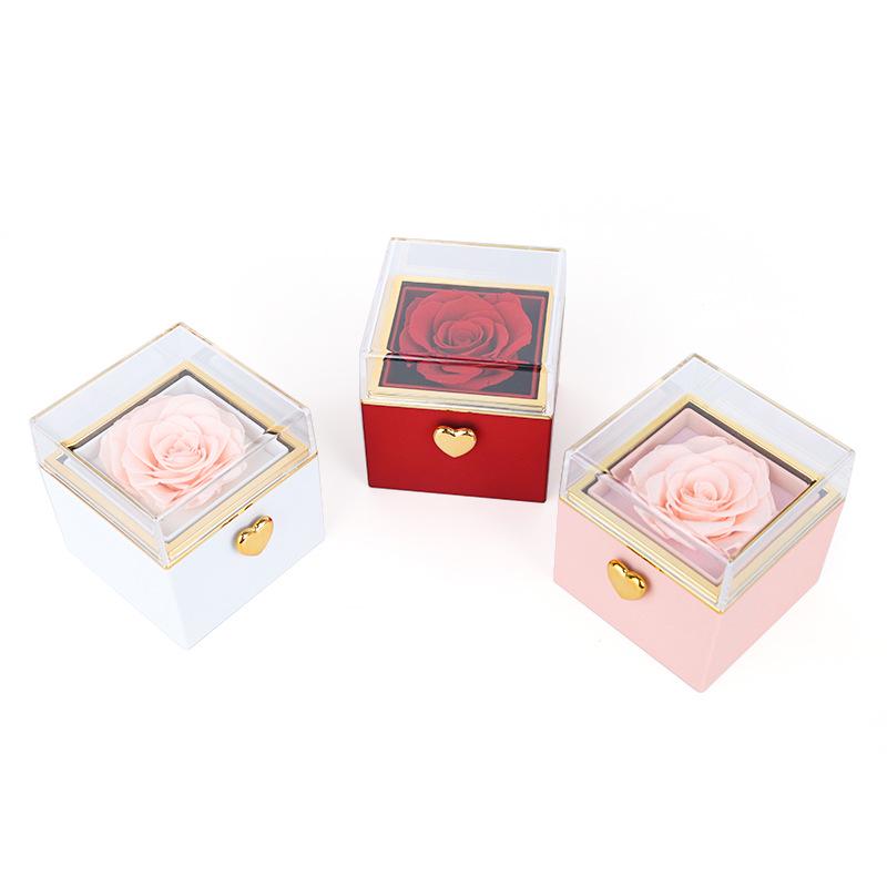 Automatic Rotating Acrylic Jewelry Box with Preserved Rose and Necklace - Valentine's Day Gift