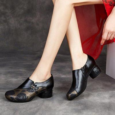 Zapatos para Mujer Estampado Piel Genuina 2025 Nuevo Hechos a Mano Cremallera Retro Estilo Nacional Zapatos de Señora