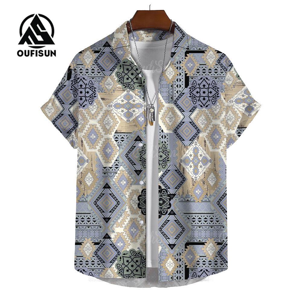 Summer Fashion Bohemian Style Patchwork Print Tops Men's Short Sleeve Casual Shirt Tops Vacation Travel Oversized Shirts