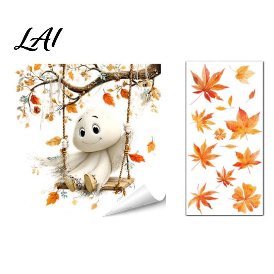 Cute Ghost Pumpkin Decals Autumn Ghost/Gnome Static Glass Sticker PVC Waterproof Maple Leaves Window Removable Party Supplies Decal Cling