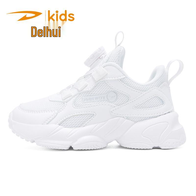 DELHU Kids' Spring/Autumn White Leather Sports Shoes - Boys & Girls Campus Sneakers, Little Black Shoes