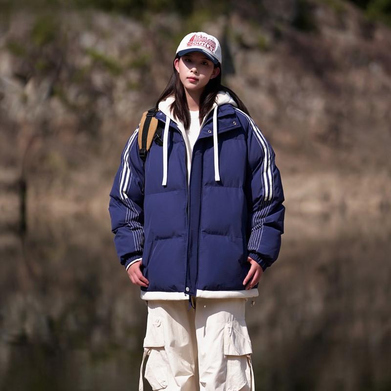 Striped Contrast Color Fake Two-piece Hooded Down Cotton Coat for Women Winter New Cotton Coat Thickened Cotton Jacket