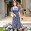Blue Floral Print Slimming Dress for Middle-Aged and Elderly Women - Summer 2026 Fashion