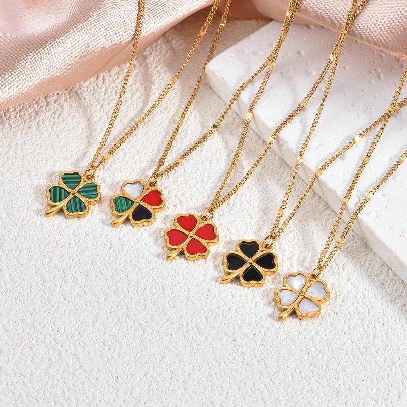 Elegant Four-Leaf Clover Titanium Steel Necklace with 18K Gold Plating, White Shell Pendant - Women's Versatile Jewelry