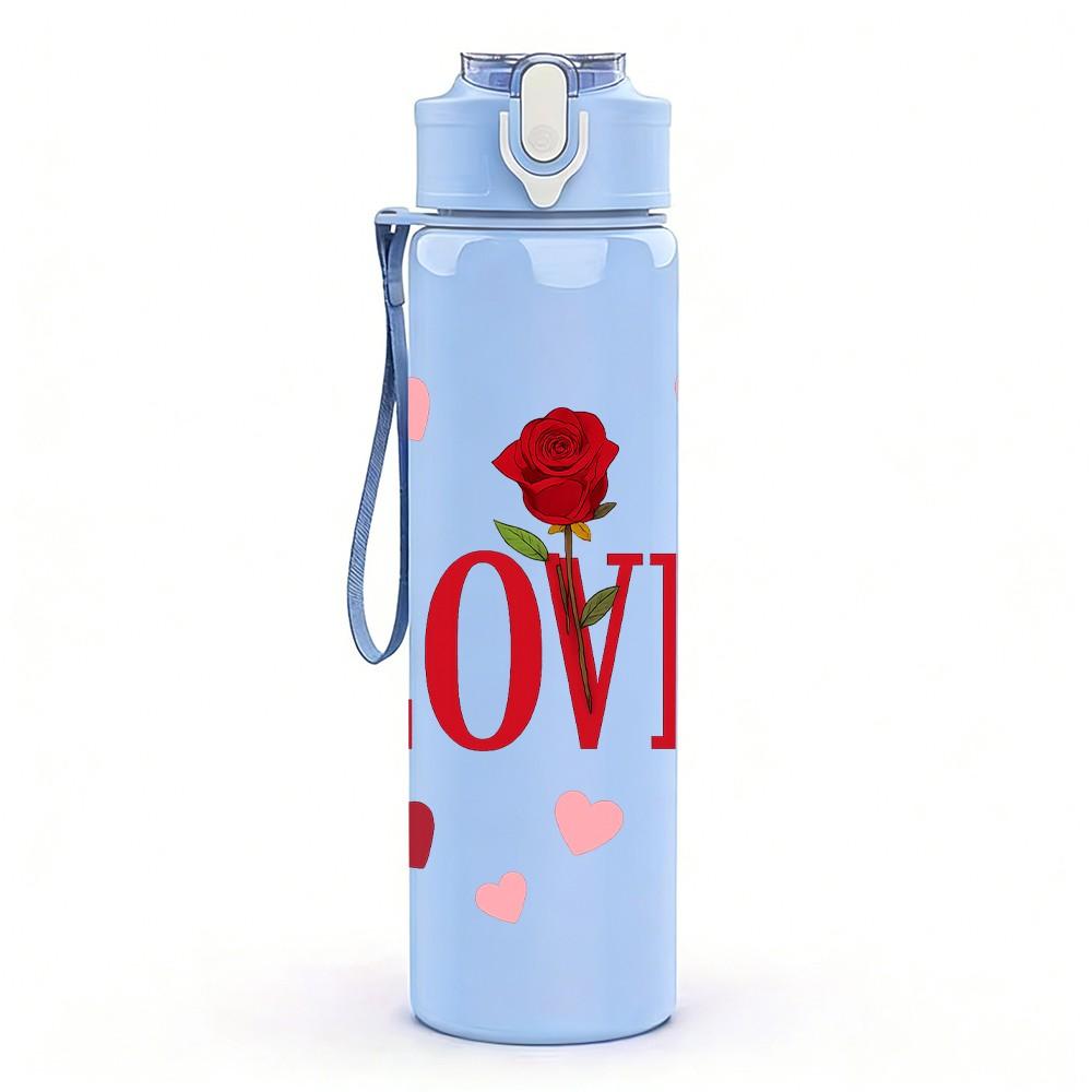 1PC Red Rose Love Letter Pattern 750ml Color Plastic Sports Water Bottle Leakproof Flip Straw Lid Suitable for Sports Office Home Use