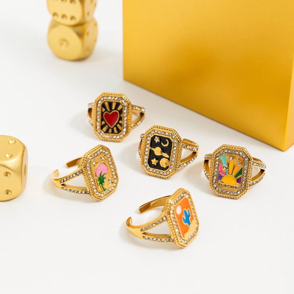 Moon Stainless Steel Ring 18K Gold Plated Heart Square Tower Ring Unique Geometric Open Ring  Women