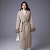 Womens Premium Wool Blend Long Coat With Faux Fur Cuff Sleeves Wrap Front Elegant Oversized Fit