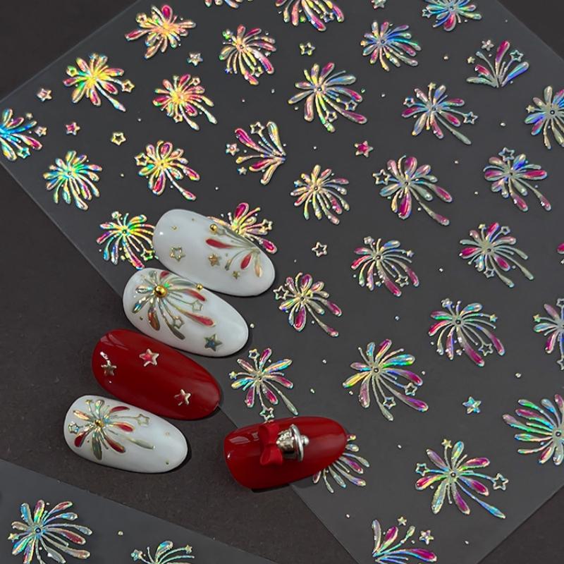 Fireworks Nail Stickers Rainbow Laser Silver Pink Blooming Firework New Year Celebration Nail Art Decals Decoration