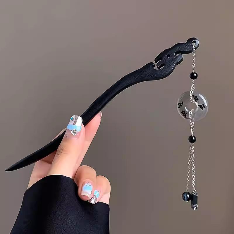 Light Luxury Wooden Tassel Hairpin For Women Vintage Ink Butterfly Pendant Hair Stick Chinese Style Ebony Wood Hair Accessories