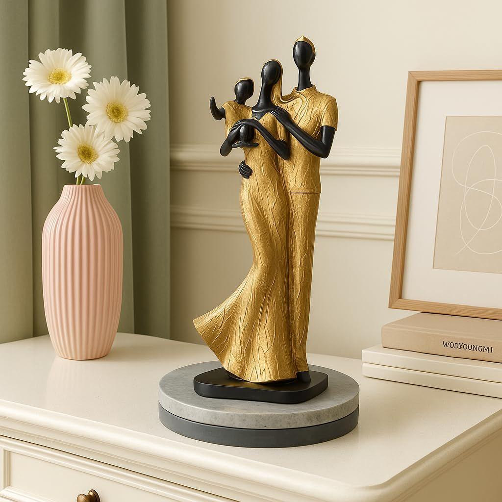 Stylish Golden Black Resin Couple Statue with Child for Home Decor (Pack of 1, Black & Golden)