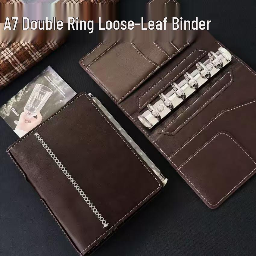 Dark Brown A7 Loose-Leaf Leather Planner - Portable Double Ring Creative Diary Notebook by Xiaohongshu.
