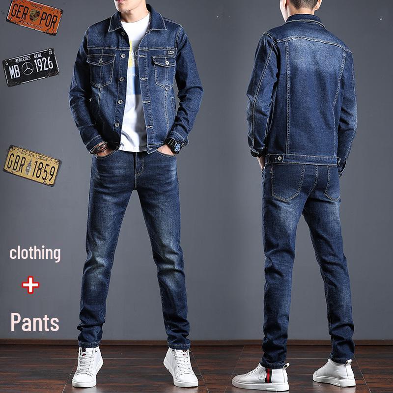 Men's Slim Fit Denim Suit - New Korean Style Jacket & Pants Set for Spring/Autumn