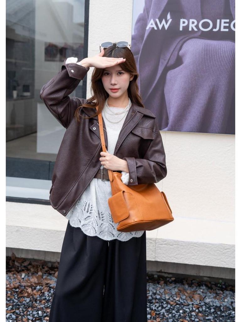 Vegetable Tanned Leather Women's Crossbody Tote - Soft, High-End Cowhide, Large Capacity, Underarm Design