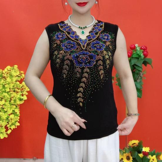 Women Summer Tops V-Neck Sleeveless Loose Fit Tank Tops Hot Drill Flower Printed Tops