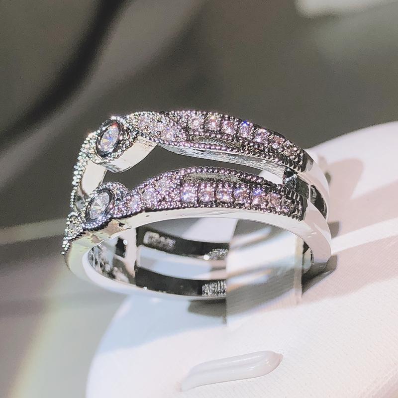 925 sterling silver exquisite double row Entangled ring sparkling zircon ring ladies party birthday jewelry gift