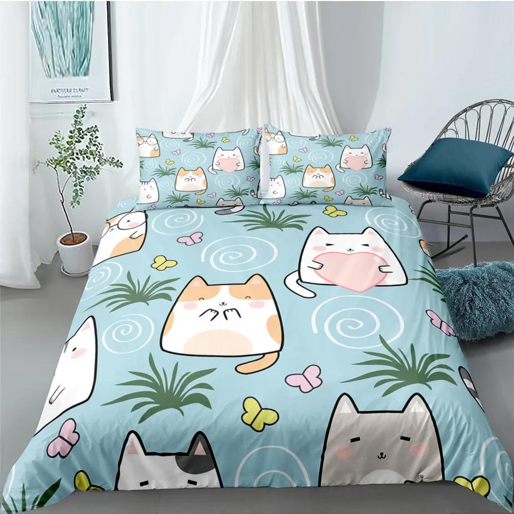Carton Cat Soft Duvet Cover Set for Children Kids Girl Microfiber Kiten 2/3pcs Carton Animal Beding Set Single Twin Quen King Comfortable Quilt Cover