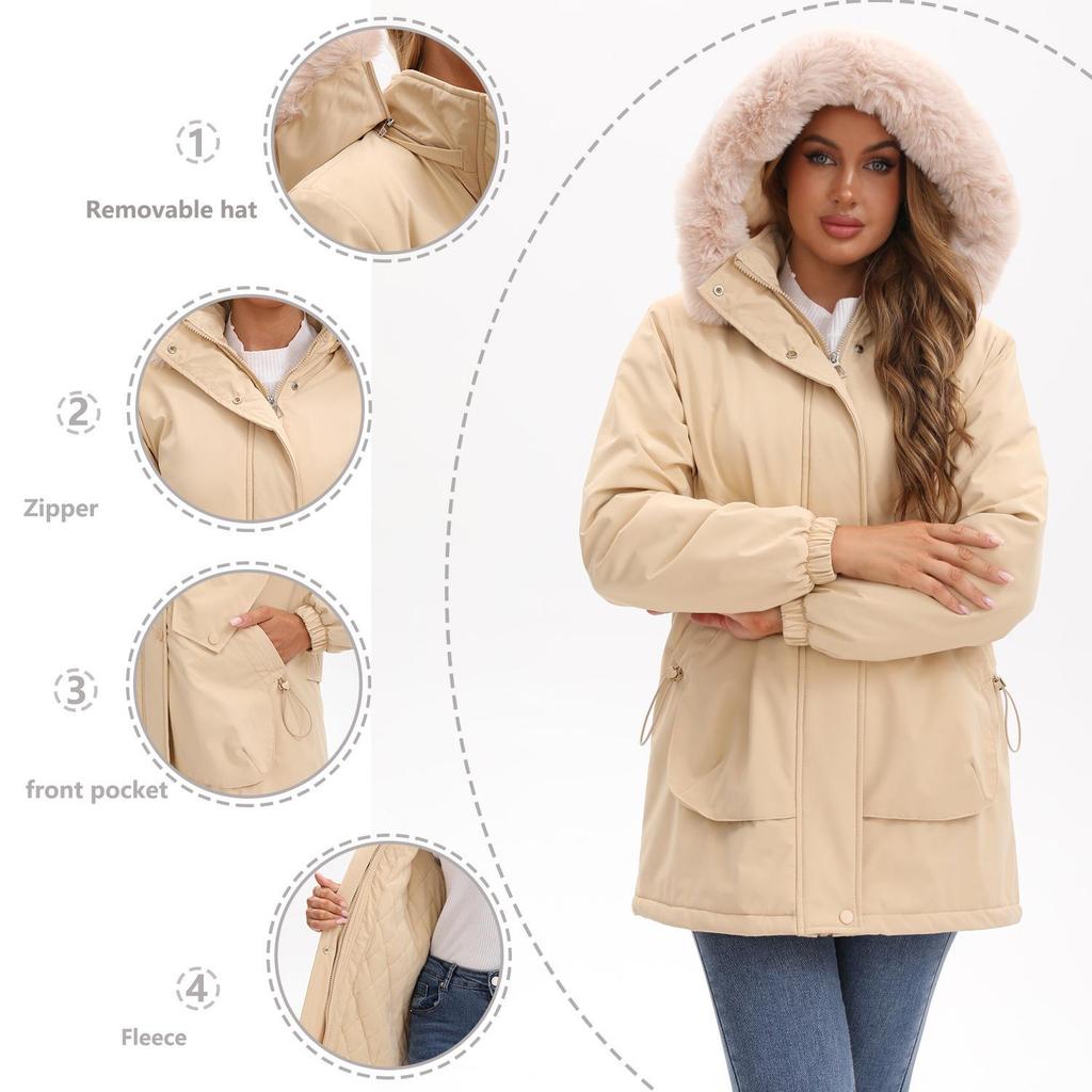 Parka lungă de iarnă pentru femei, în stil european și american, cu căptușeală din lână polară și guler mare de blană