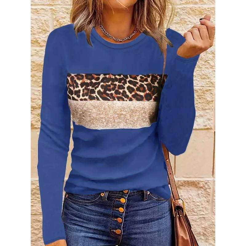 Women Fashion Leopard Printed T-Shirts Basic Casual O Neck Full Long Sleeve Tee Shirts Ladies Chic Knitted Tops