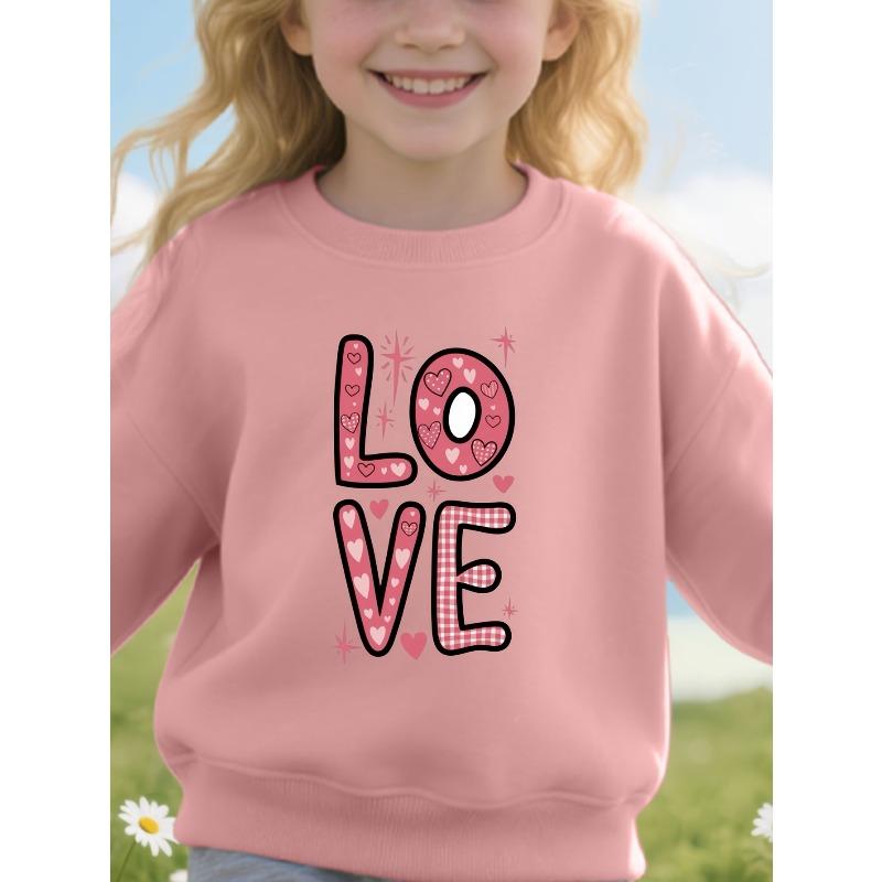 Girl's Round Neck Sweatshirt with LOVE Heart Pattern Print, Suitable for Valentine's Day and Daily Wear