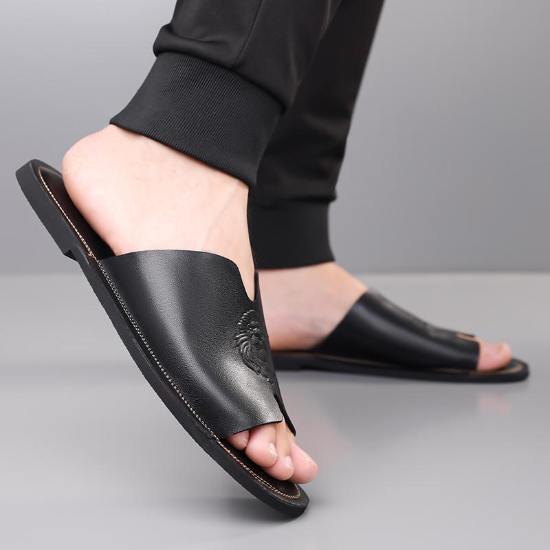 Herren Schwarz Leder Hausschuhe Handgemacht Einfache Flache Schuhe Sommer Orange Römische Sandalen Offene Zehen Strand Schuhe Übergröße